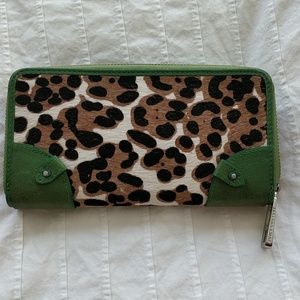 Leopard mohair and green leather wallet